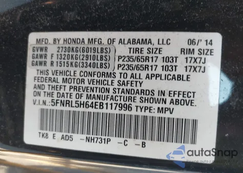 2014 Honda Odyssey Ex-L z USA, uszkodzony, nr VIN 5FNRL5H64EB117996